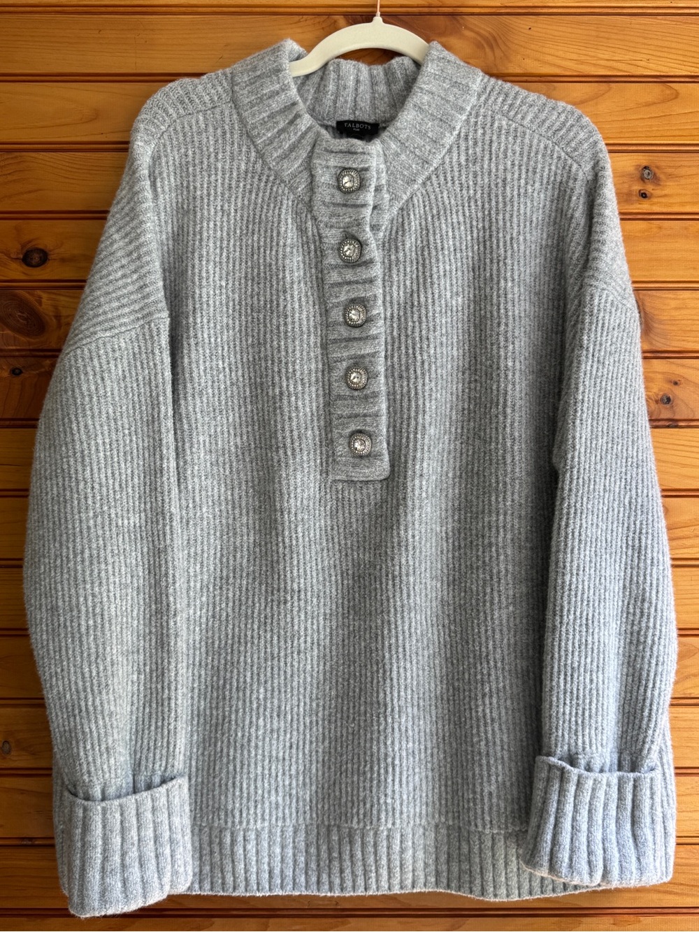 Talbots Jewel Button Henley Sweater 1X Gray Ribbed Knit Mock Neck Plus